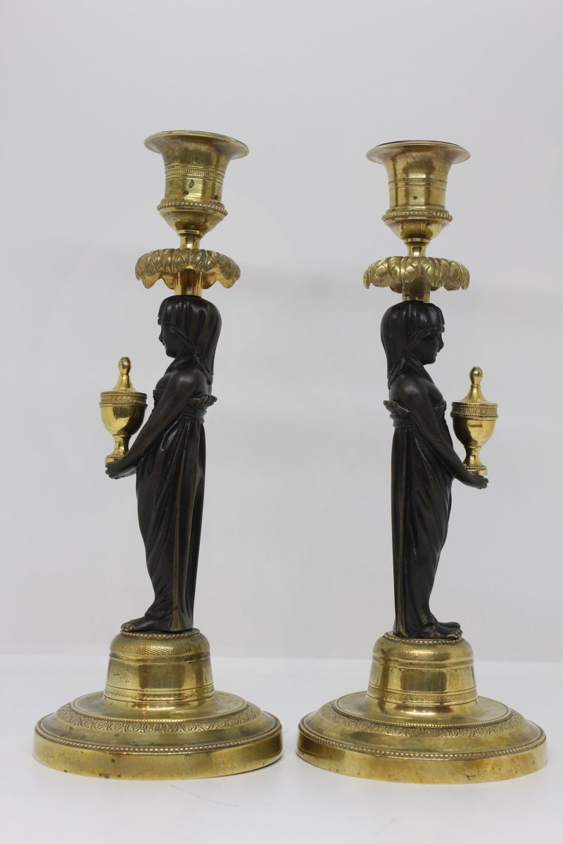 19 Th C. Pair Of Candlesticks Of Egyptian Inspiration-photo-3