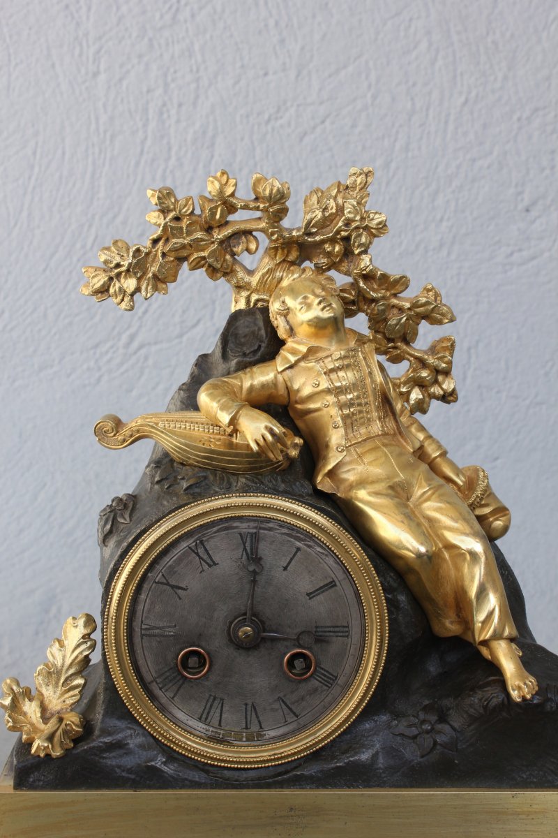 Late 19th Sleeping Violin Player Clock In Gilt Bronze-photo-4