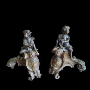 Andirons Decorated With Cupids And Medallions, 19th Century