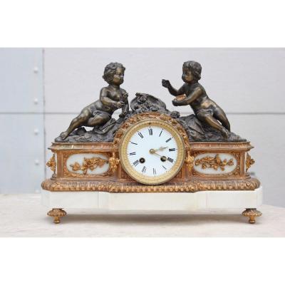 19th C. Bronze And Marble Clock With Baby Decor 