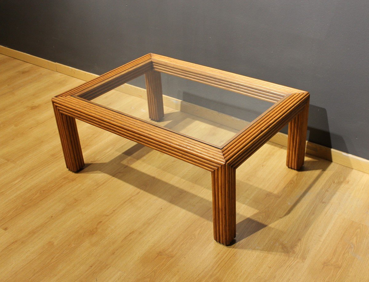 Table Basse Rotin Et Verre - Années 60/70