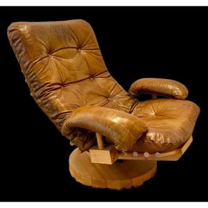Large Brutalist Koala Leather And Solid Elm Lounge Chair By Of Blaha Circa 1960