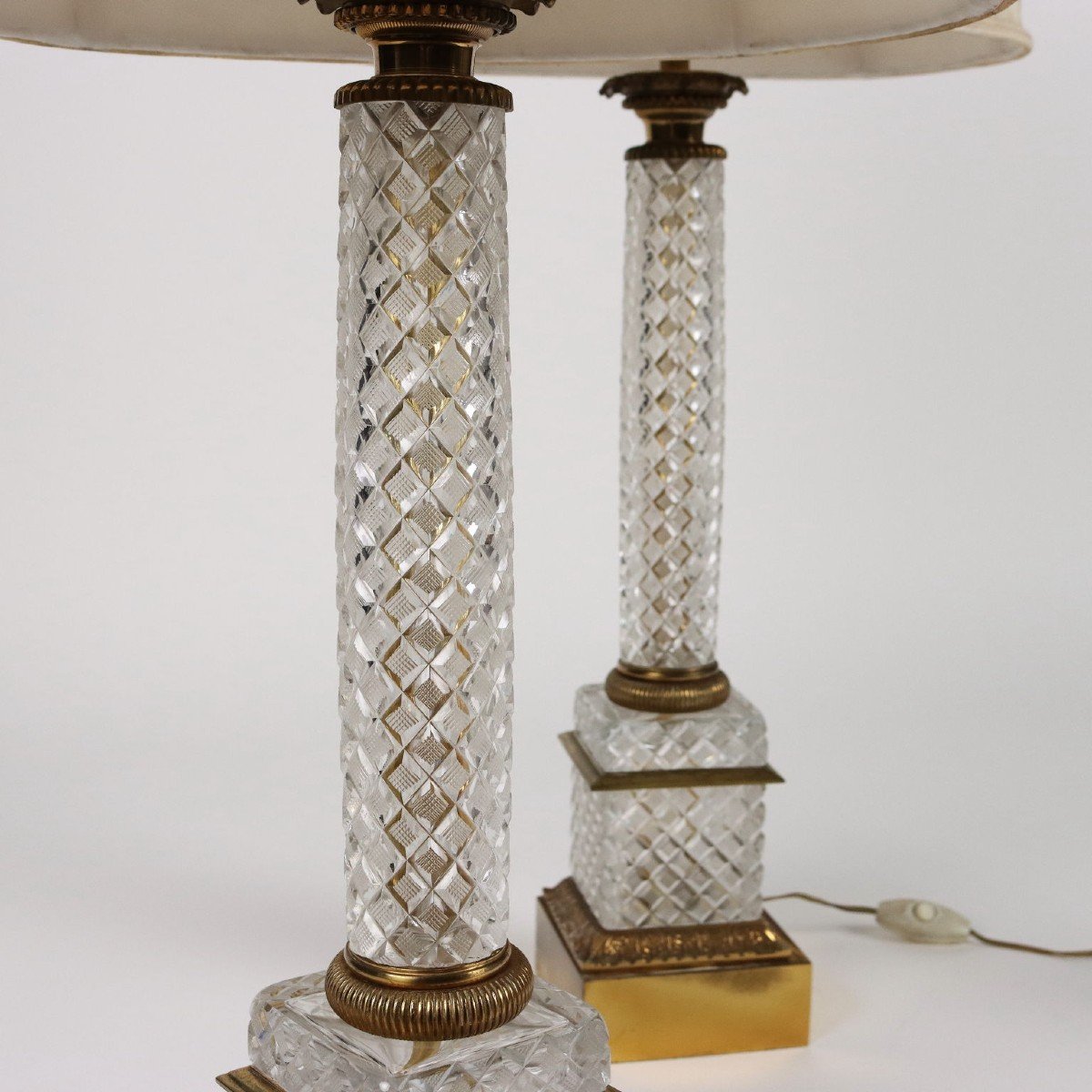 Antique Table Lamps Paris '900 Cut Crystals Bronze Lampshades-photo-3