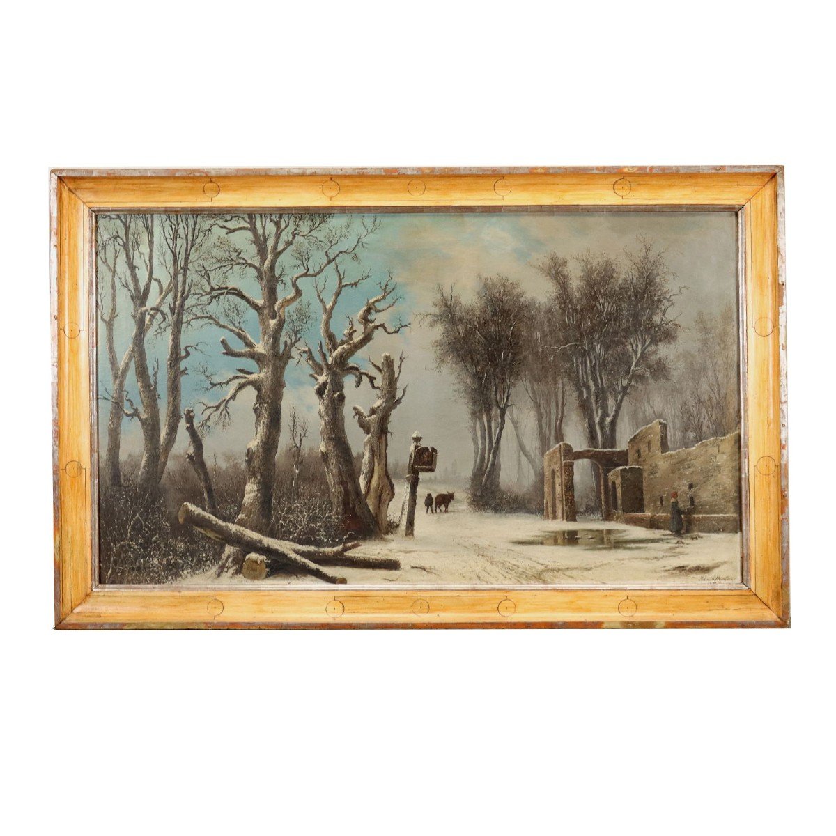 Antique Painting Mentore Silvani Oil On Canvas Italy 1872 Snowy Landscape With Figures