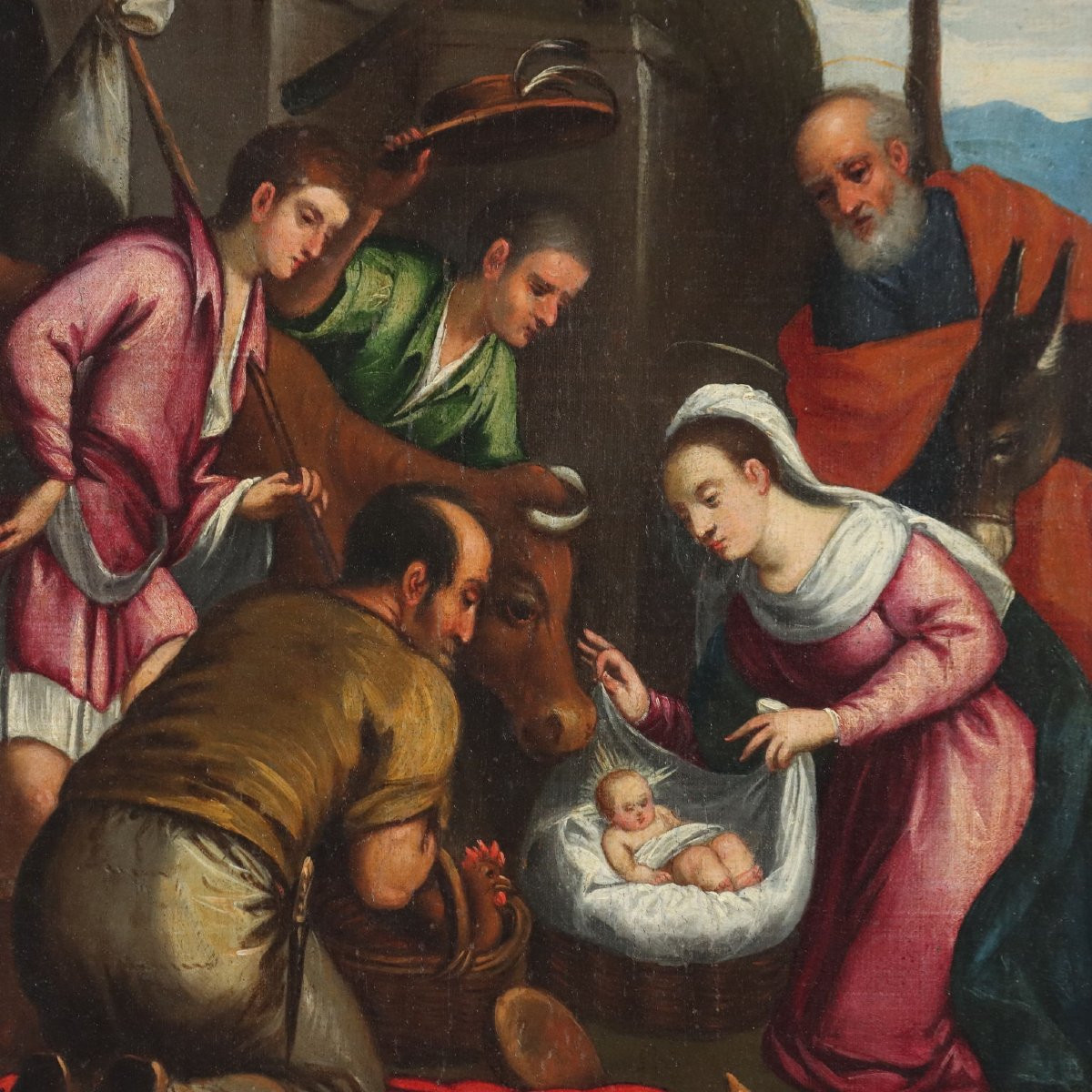 Antique Painting Religious Subject Oil On Canvas XVIII Century Adoration Of The Shepherds-photo-3