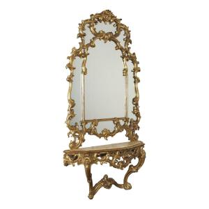 Antique Console With Mirror Wood Italy XX Century