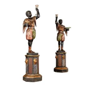 Antique Candle-holders Painted Wood Italy XIX Century