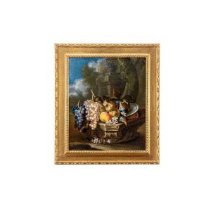 Tableau Ancien Signé Maximilian Pfeiler Huile Sur Toile XVIIe Siècle Raisins, Figues