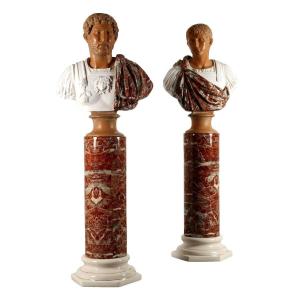 Pair Of Emperor's Busts And Columns Ceramic T. Barbi 1970s