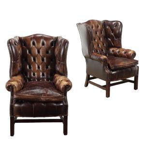 Fauteuils Chesterfield Anciens Acajou Cuir Royaume-uni XXe Siècle