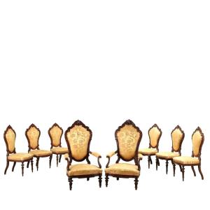 Six Chaises Umbertino Anciennes Et Deux Fauteuil Noyer Italie XIXe Siècle