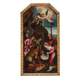 Tableau Ancien Sujét Sacré Huile Sur Toile XVIIIe Siècle Adoration des Bergers