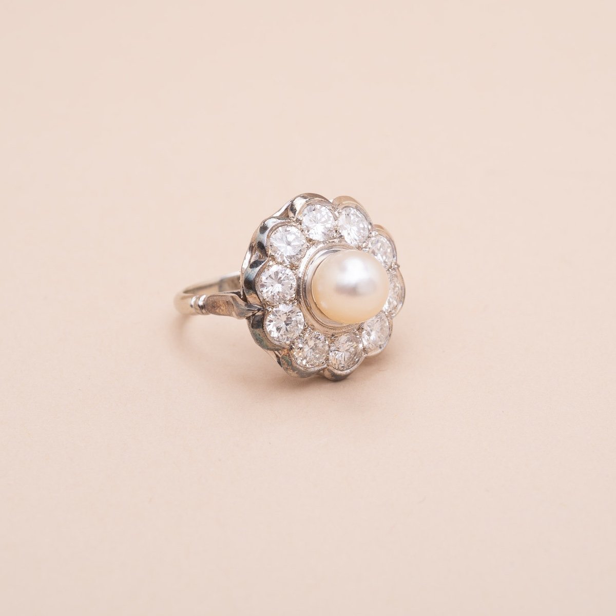 Bague Vintage Daisy Perles Diamants 1,20 Carat -photo-4