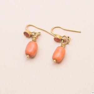 Coral Cabochon Gold Drop Earrings