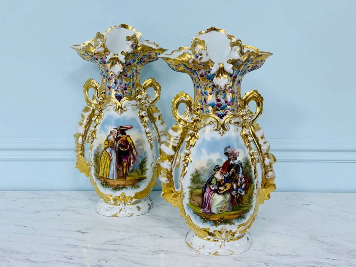 Pair Of Large “le Vieux Paris” Porcelain Altar Vases-photo-4