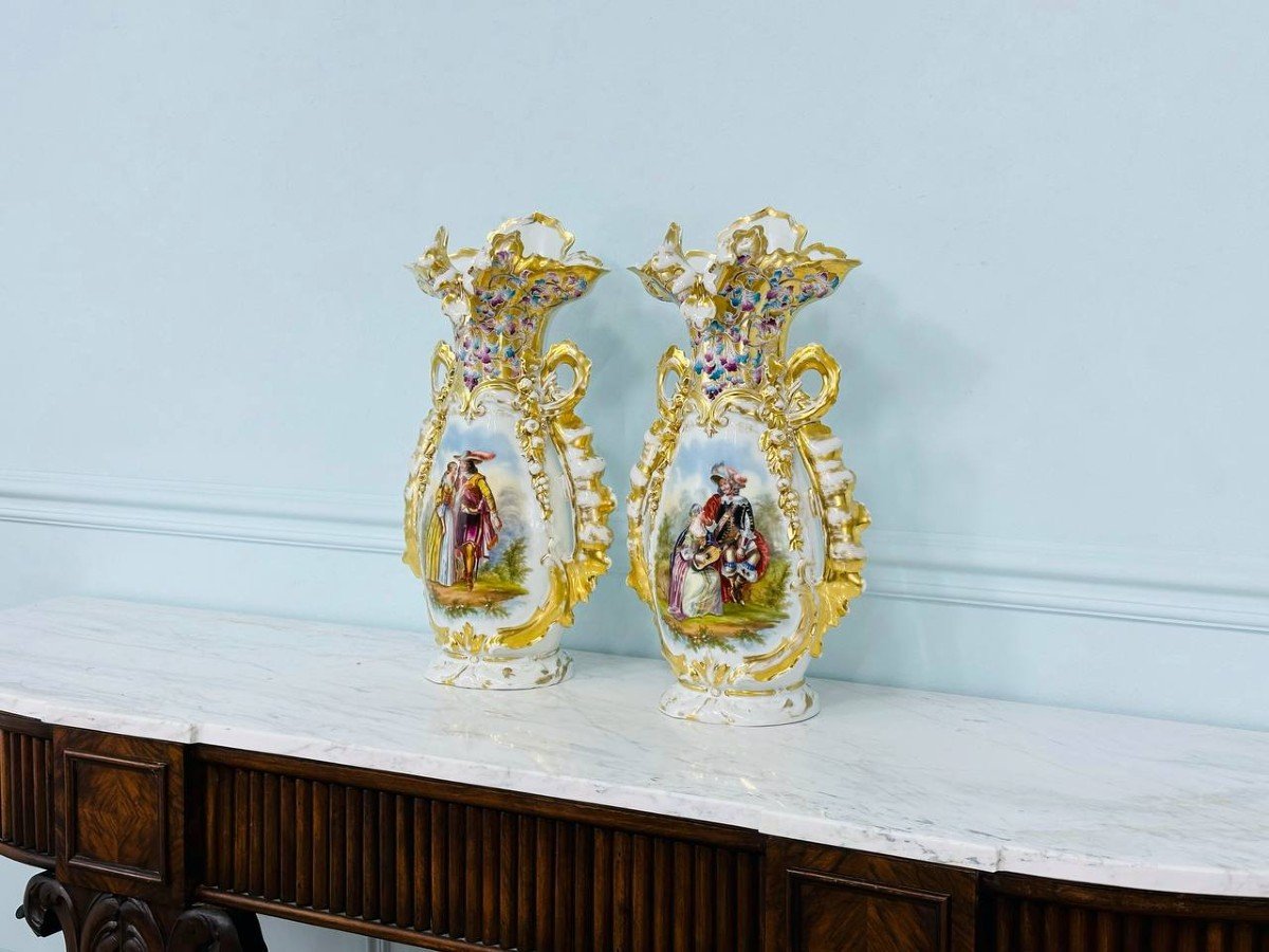 Pair Of Large “le Vieux Paris” Porcelain Altar Vases-photo-4