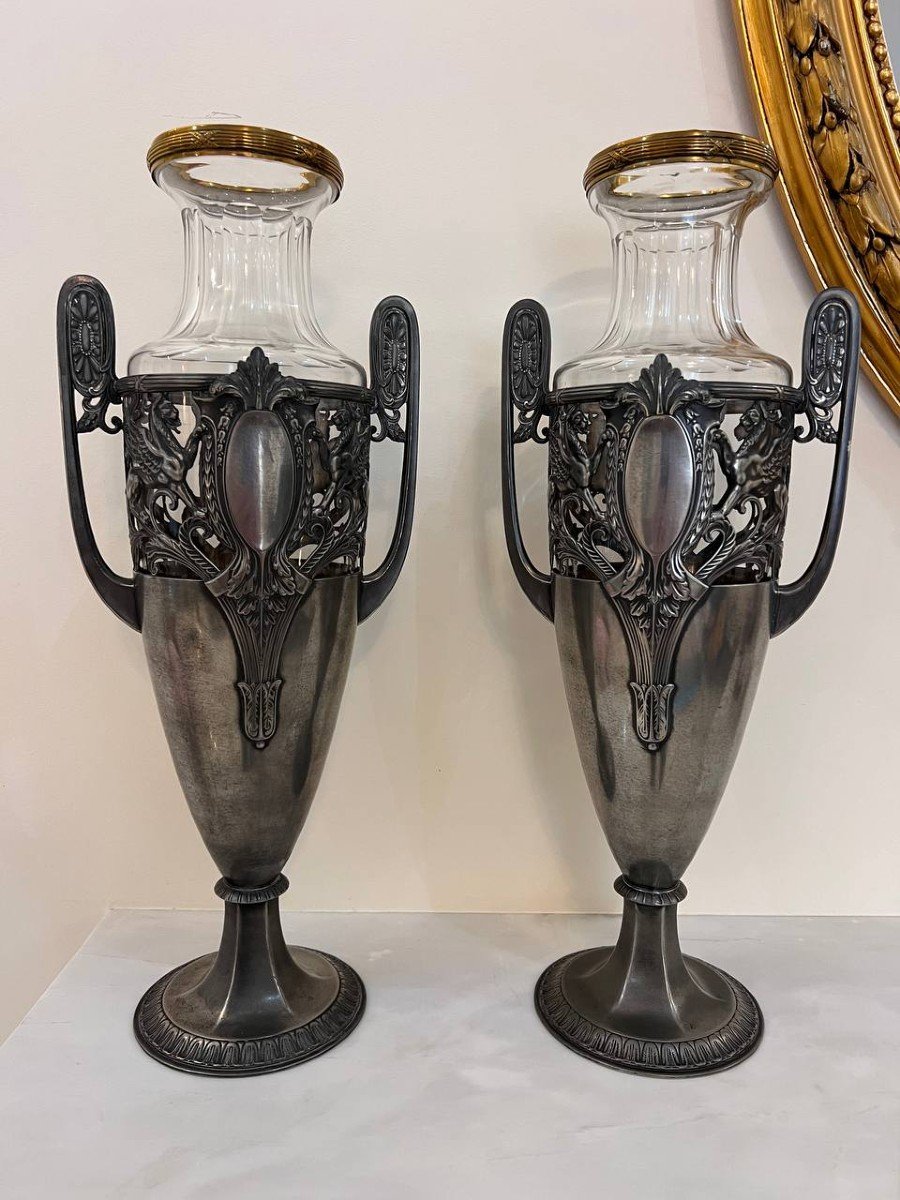 Pair Of Art Deco Pewter Vases With Crystal-photo-2