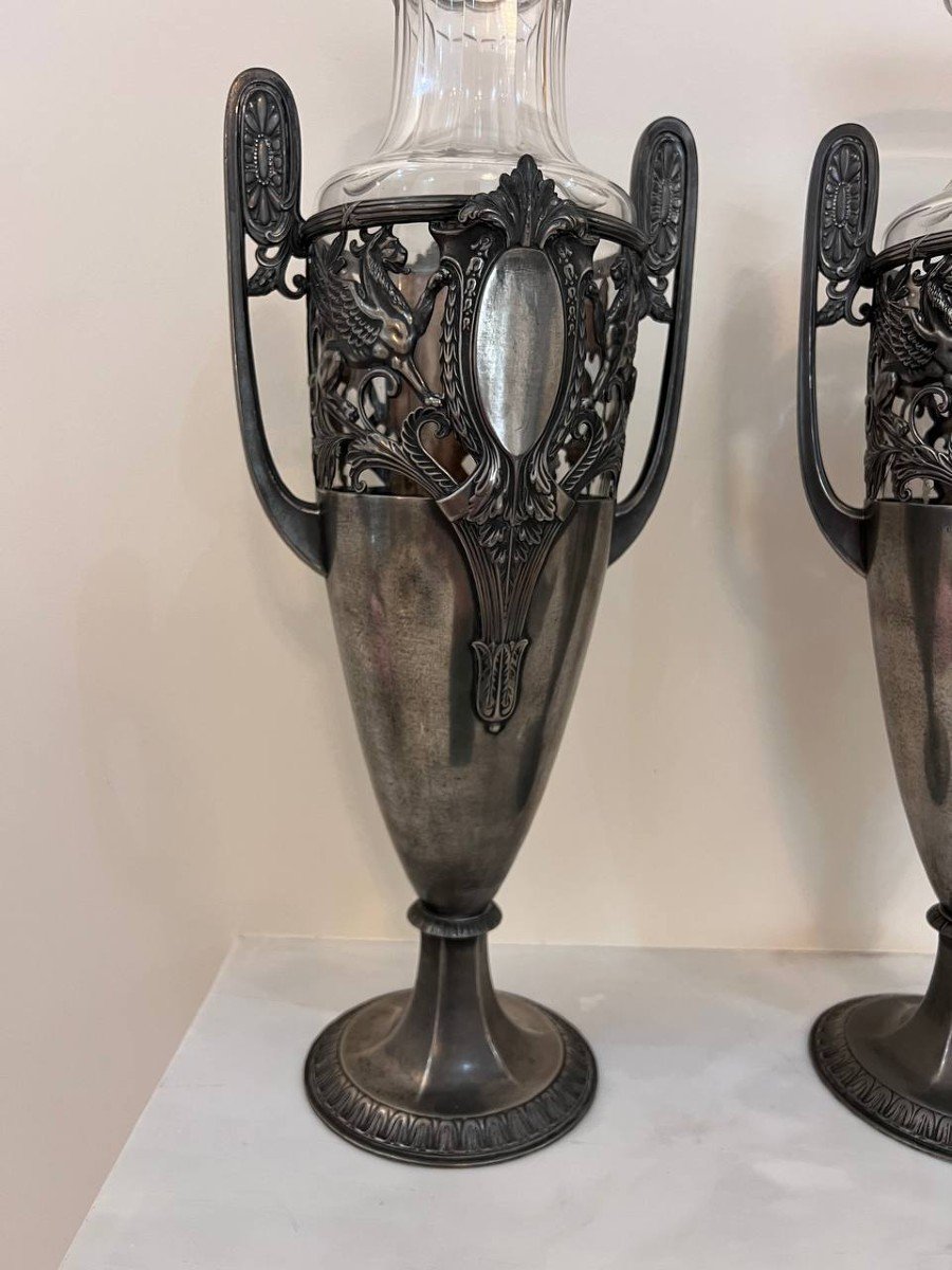 Pair Of Art Deco Pewter Vases With Crystal-photo-1