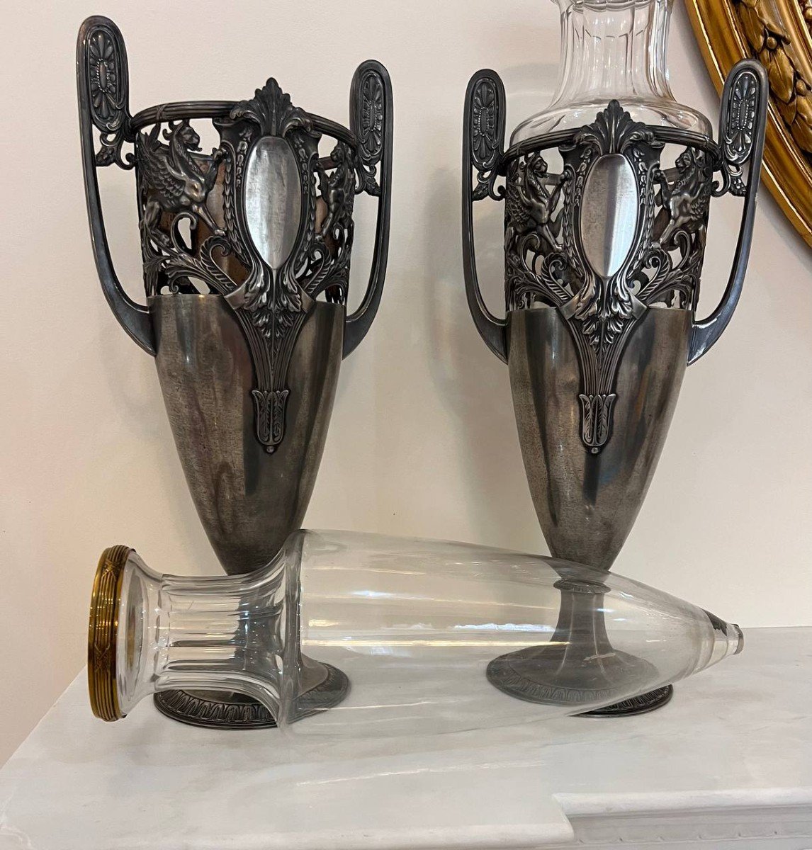 Pair Of Art Deco Pewter Vases With Crystal-photo-2