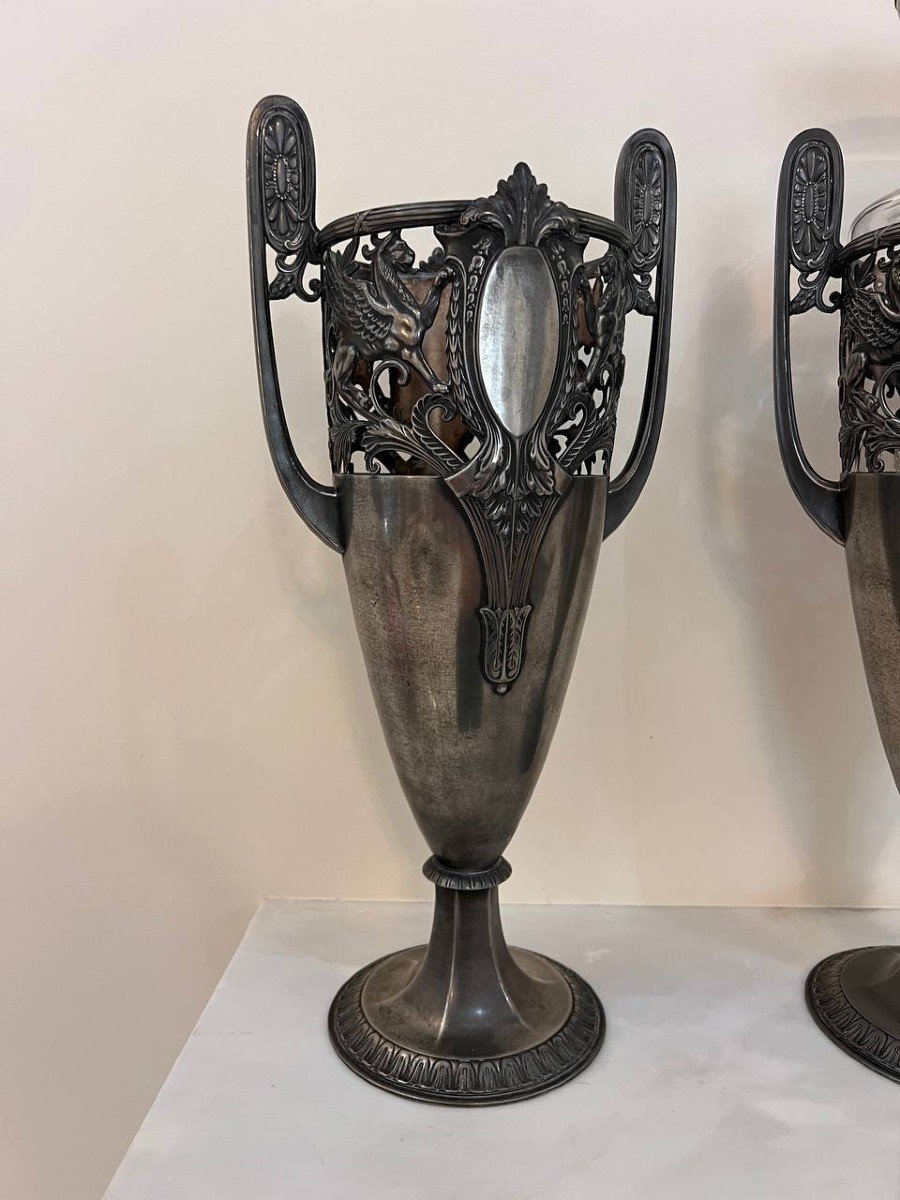Pair Of Art Deco Pewter Vases With Crystal-photo-3