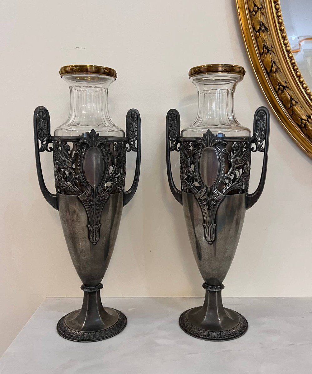 Pair Of Art Deco Pewter Vases With Crystal