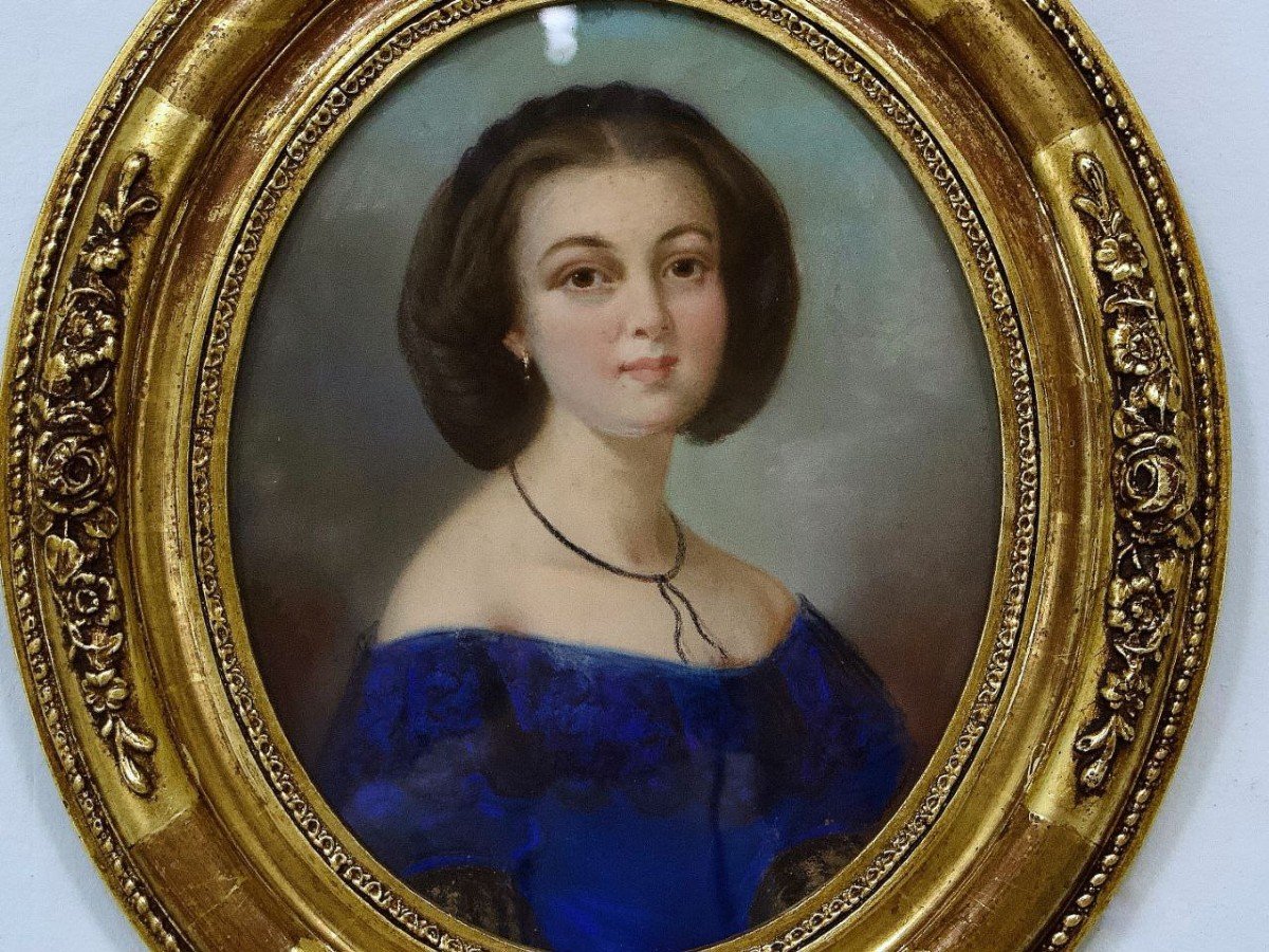 French School Portrait Of A Young Woman In Blue Mid-19th Century-photo-3