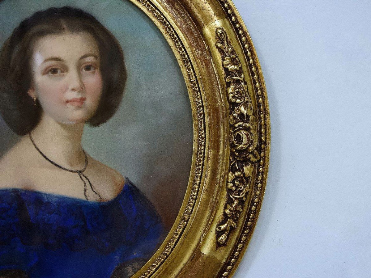 French School Portrait Of A Young Woman In Blue Mid-19th Century-photo-4