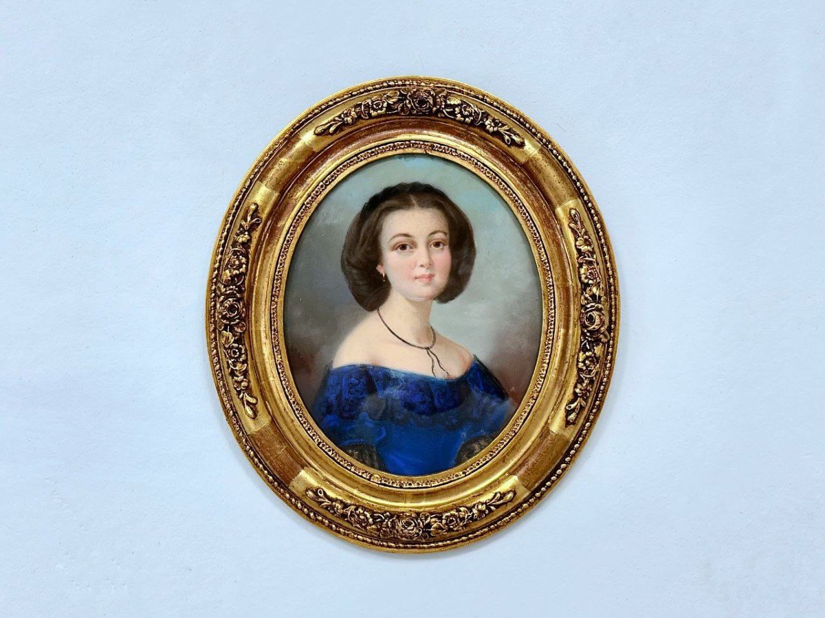 French School Portrait Of A Young Woman In Blue Mid-19th Century-photo-2