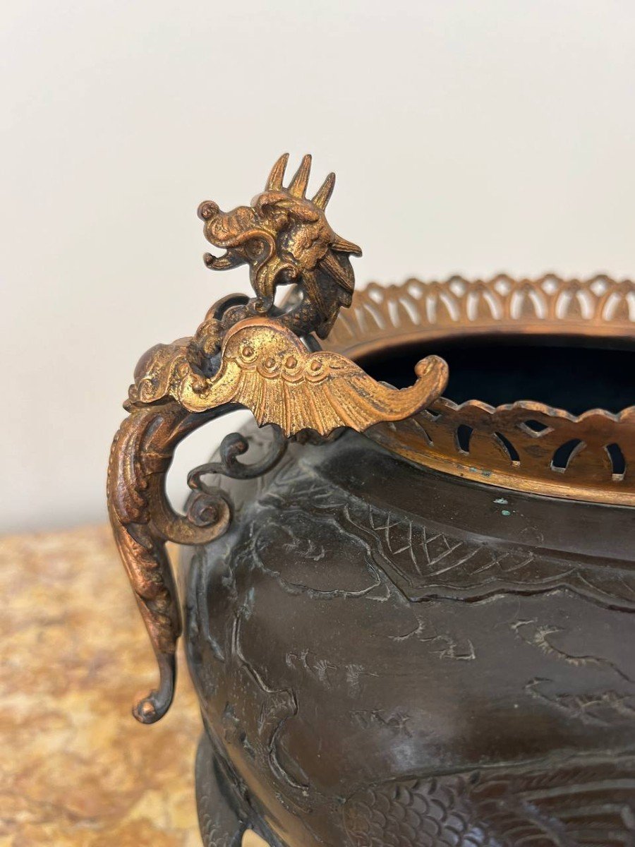 Asian Bronze Planter With Bird Decor-photo-2