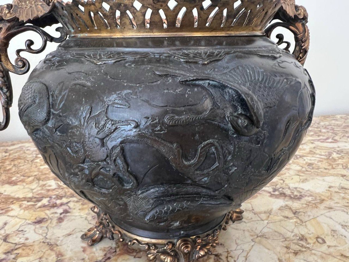 Asian Bronze Planter With Bird Decor-photo-3