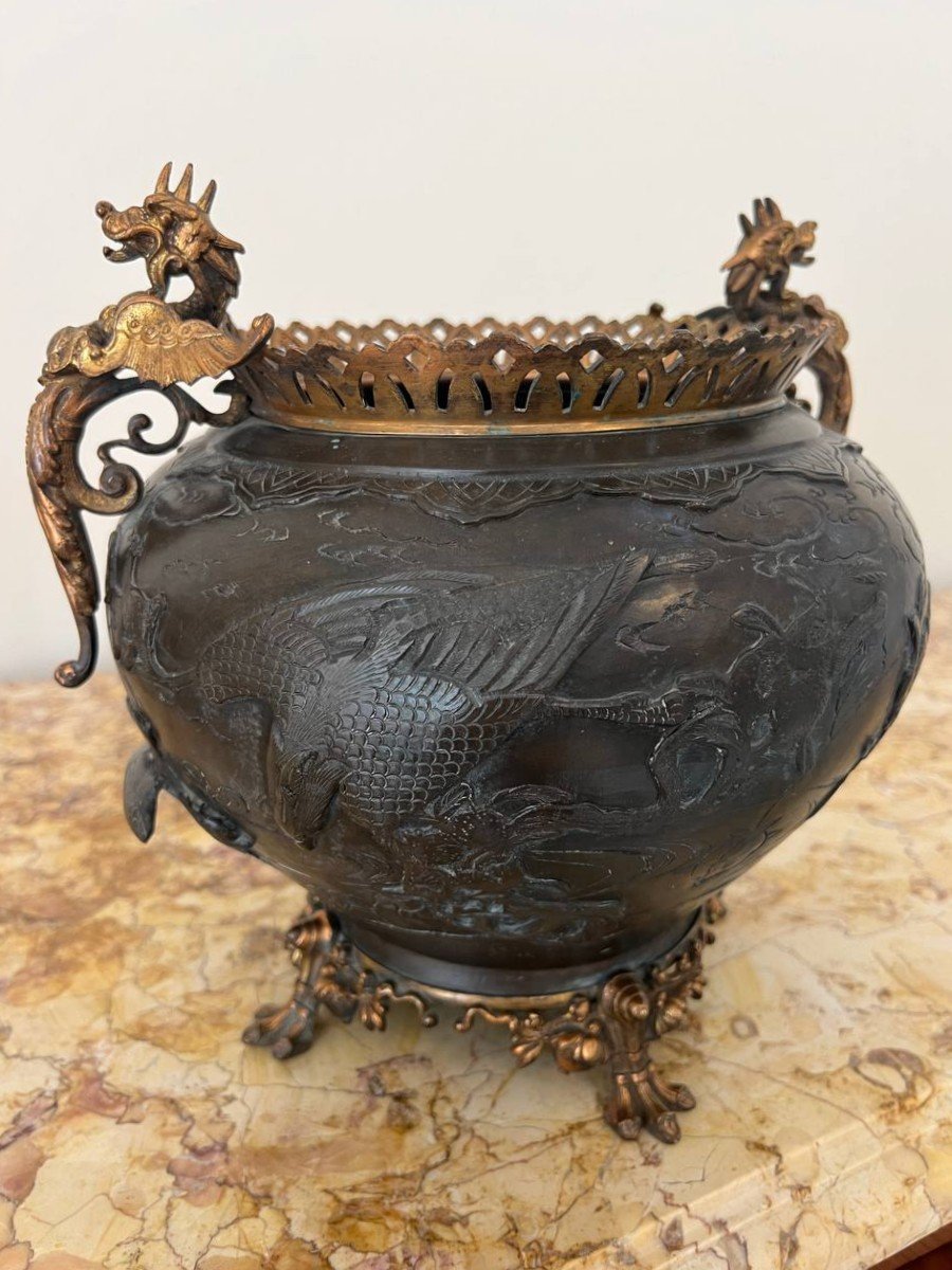 Asian Bronze Planter With Bird Decor