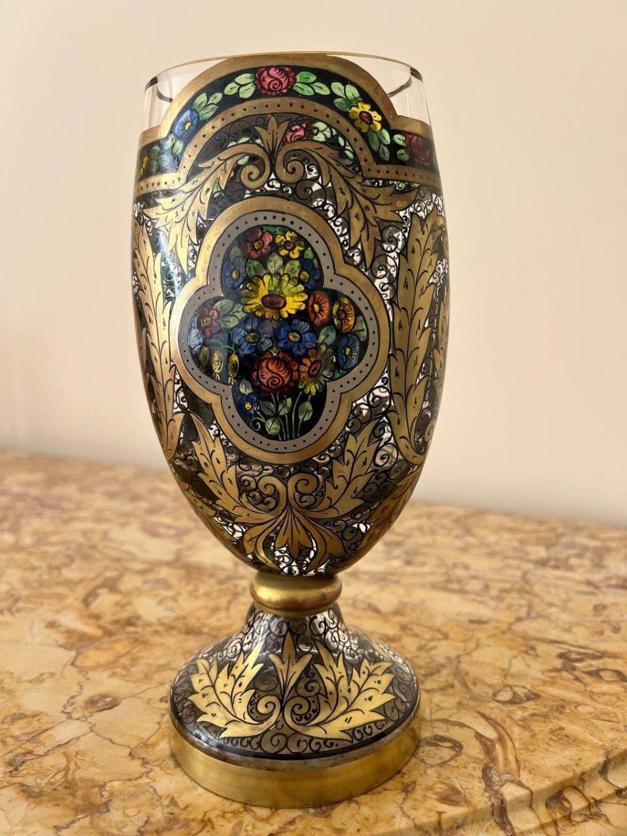 Hermann Pautsch For Julius Mühlhaus (1867-1945) Vase Enamelled Decor Bohemian Glass 