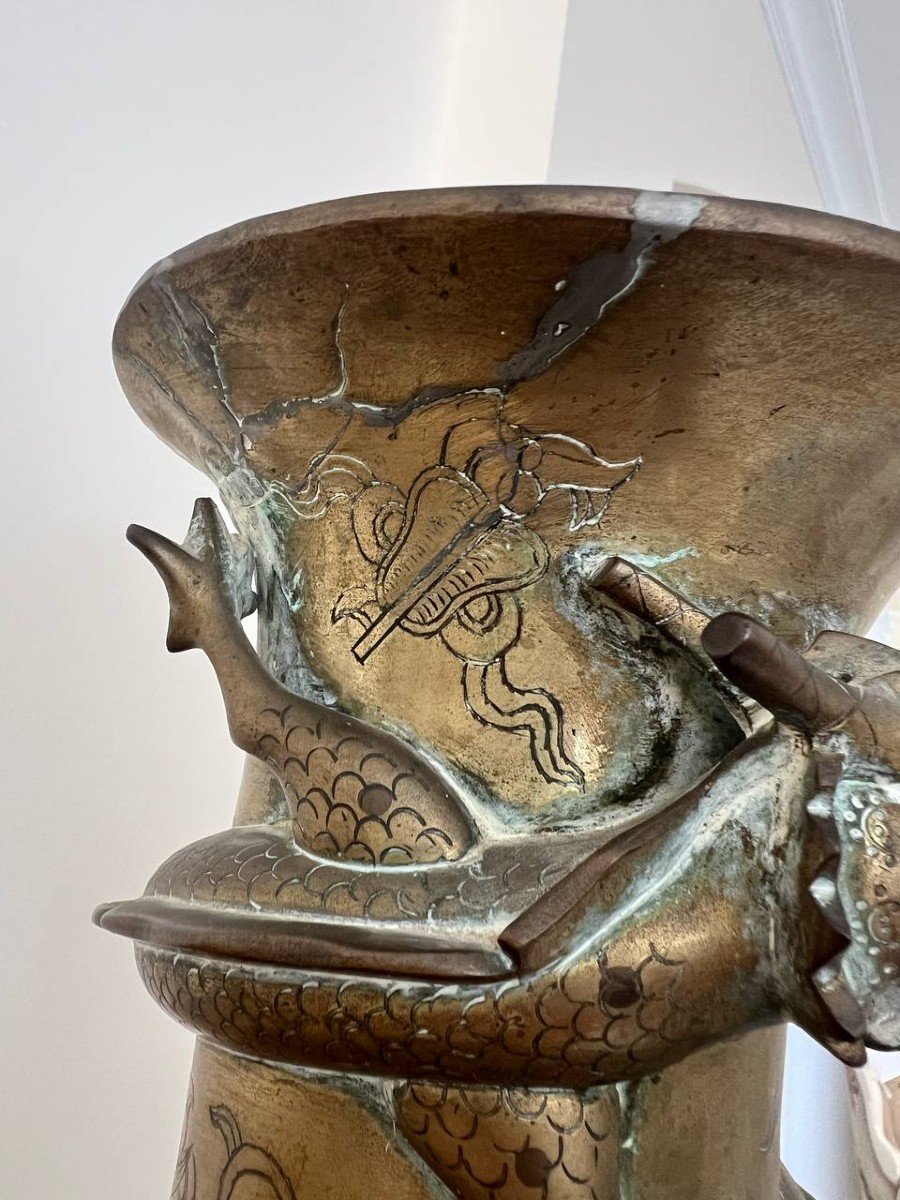 Vase Antique En Forme De Dragon, Chinois, En Laiton, Décoratifs, Au Goût Oriental.-photo-7