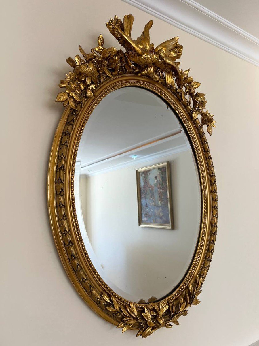 Mirror, Oval Mirror In Golden Wood, Napoleon III Period