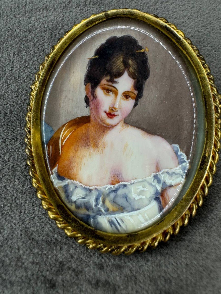 Brooch, Miniature Portrait Of Juliette Récamier, Hand Painted-photo-3