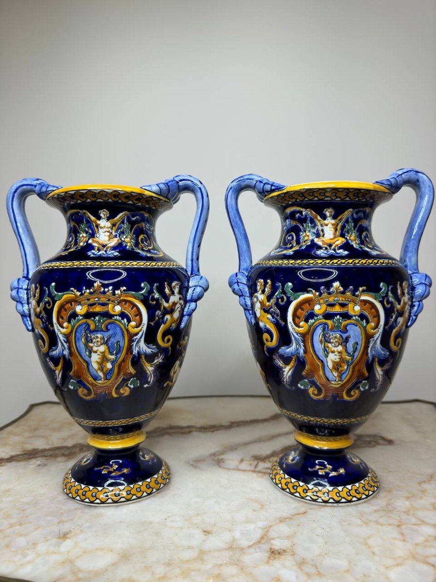 Gien Pair Of Earthenware Vases With Renaissance Decor-photo-2