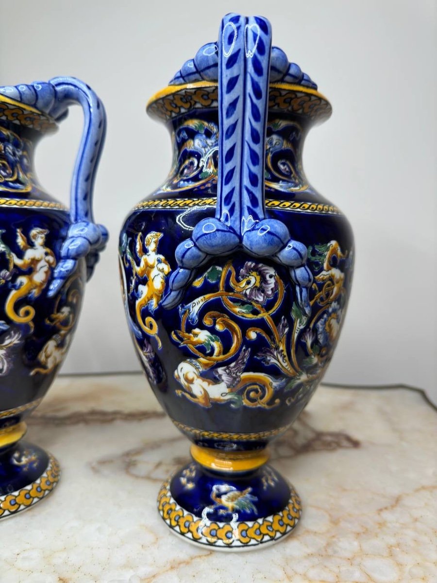 Gien Pair Of Earthenware Vases With Renaissance Decor-photo-3