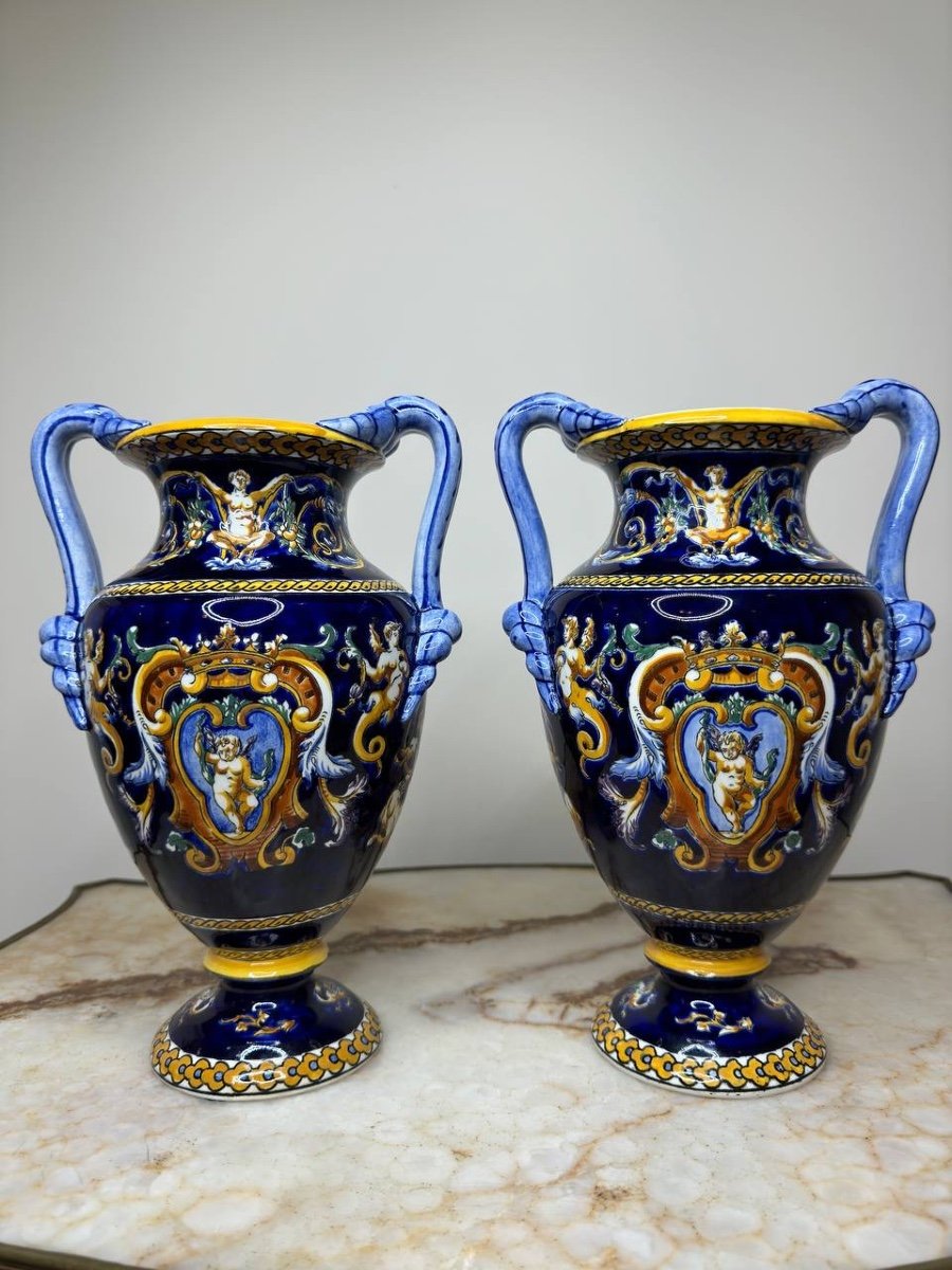 Gien Pair Of Earthenware Vases With Renaissance Decor