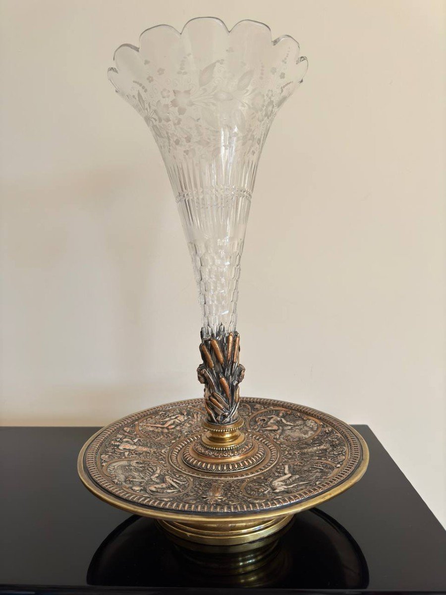 Large Centerpiece Cup Or Vase In Bronze & Baccarat Crystal Tulipiere XIXth Napoleon III-photo-2