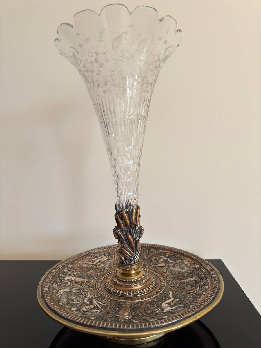 Large Centerpiece Cup Or Vase In Bronze & Baccarat Crystal Tulipiere XIXth Napoleon III