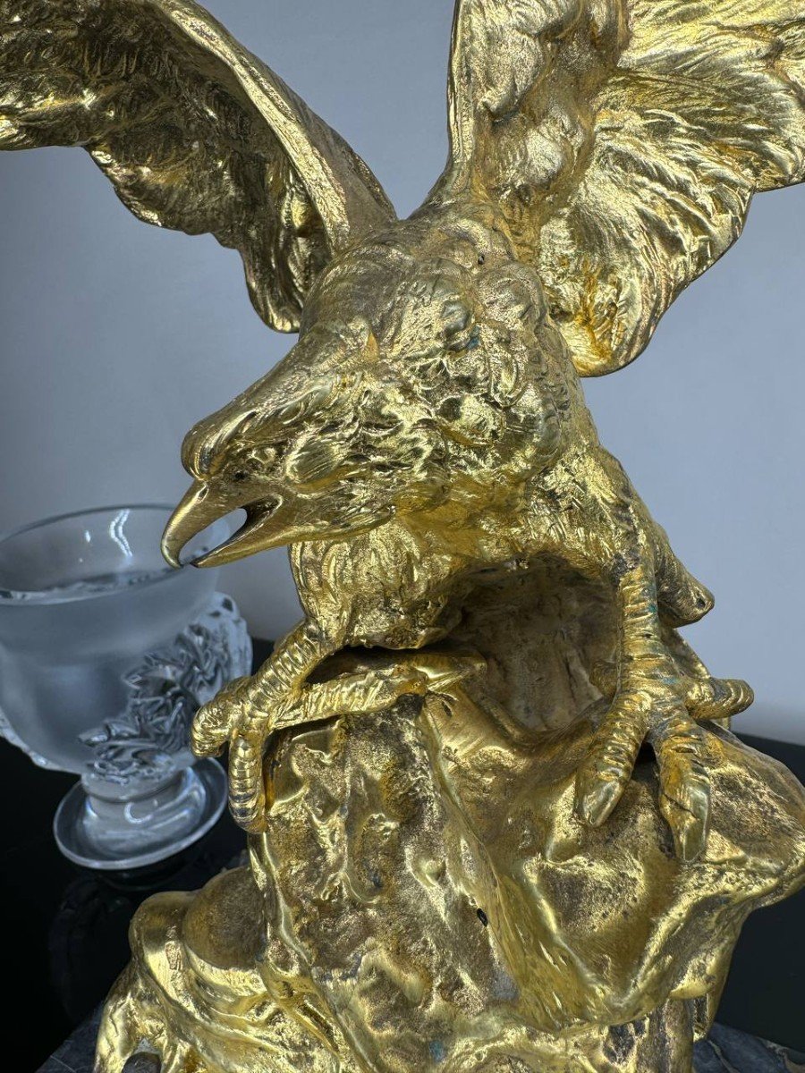 Gilded Bronze By Albert Marionnet (1852-1912) Eagle With Outstretched Wings On A Rocky Mound-photo-4