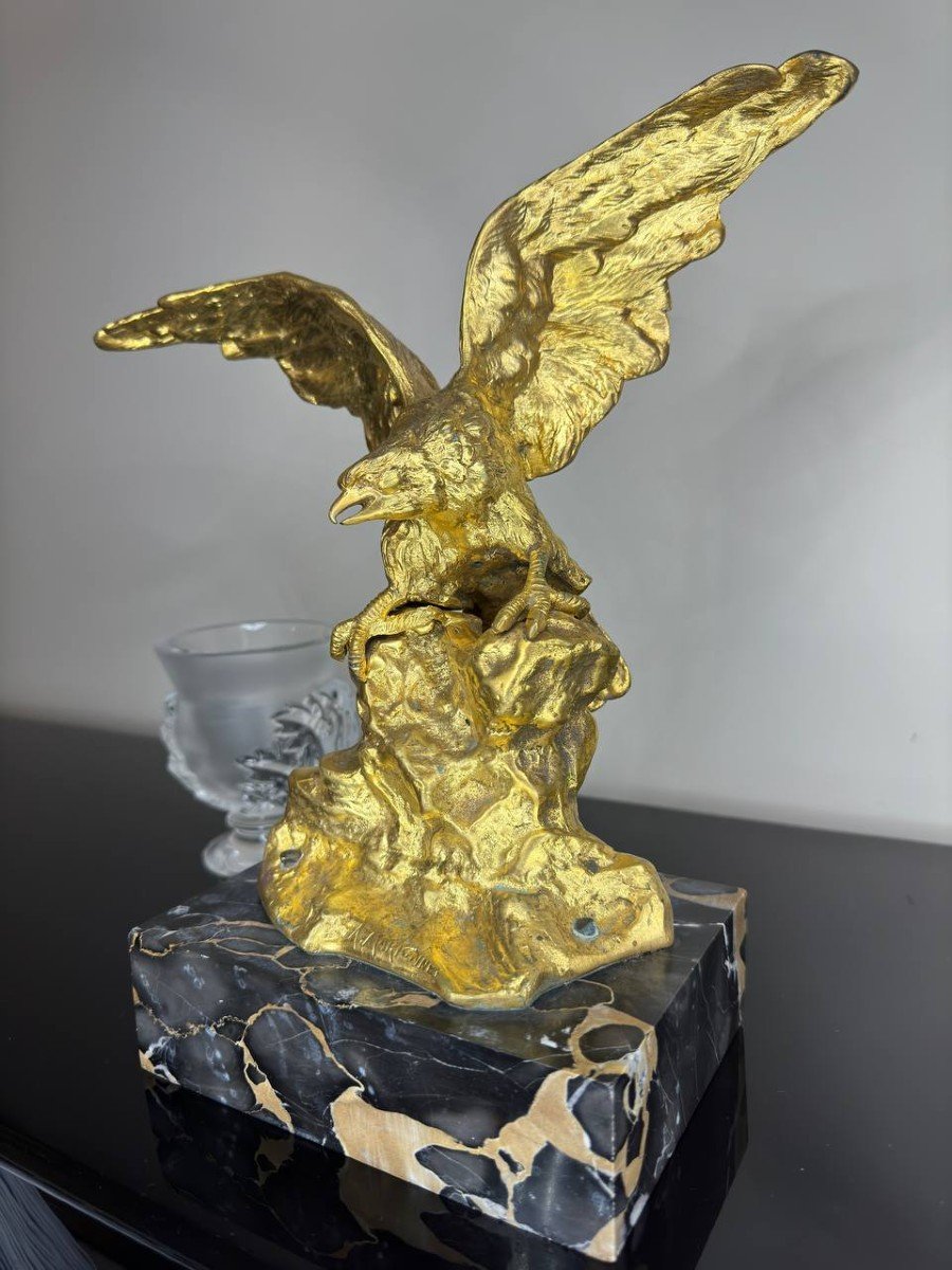 Gilded Bronze By Albert Marionnet (1852-1912) Eagle With Outstretched Wings On A Rocky Mound