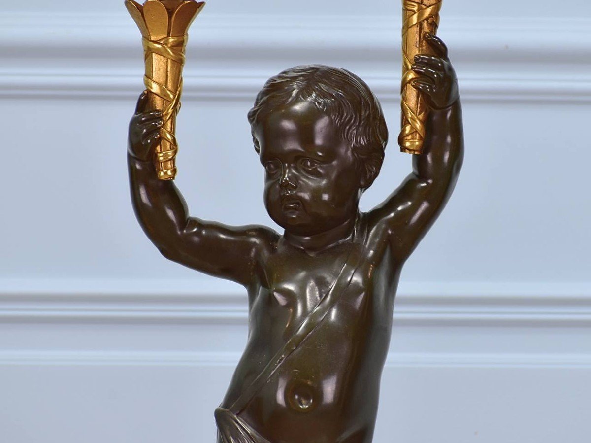 Figurative Torch Holders In Gilded Bronze And Original Brown Patina From The 19th Napoleon III Period-photo-3