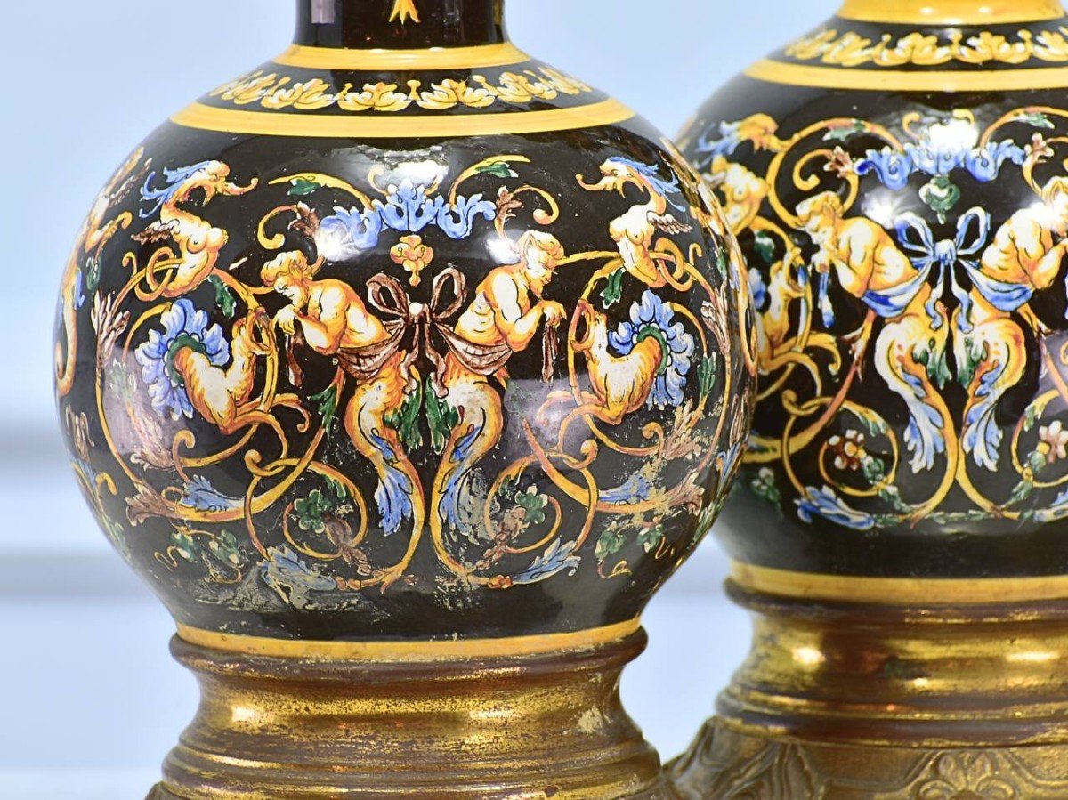 Pair Of Polychrome Lamps In Gien Earthenware-photo-2