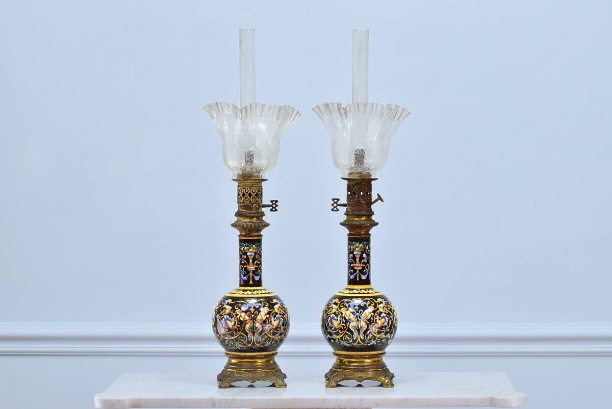 Pair Of Polychrome Lamps In Gien Earthenware