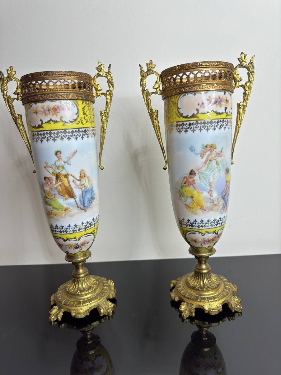 Pair Of Oblong Porcelain Vases With Graces Decor, Bronze Mount-photo-8