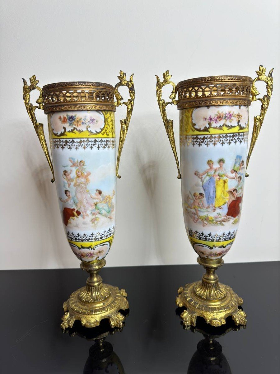 Pair Of Oblong Porcelain Vases With Graces Decor, Bronze Mount