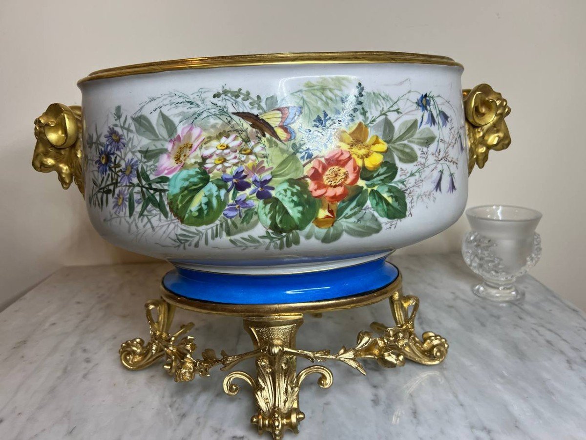 Jardinière Or Porcelain Bowl With Chiseled Gilt Bronze Mount, Signed Mourlot 43, 19th Century-photo-2