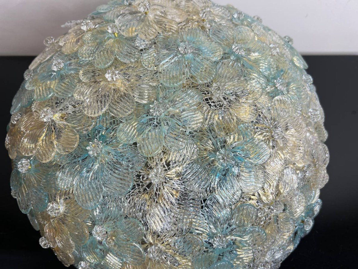 Vintage Murano Glass Ceiling Light Fixture Blue Transparent Gold-photo-4