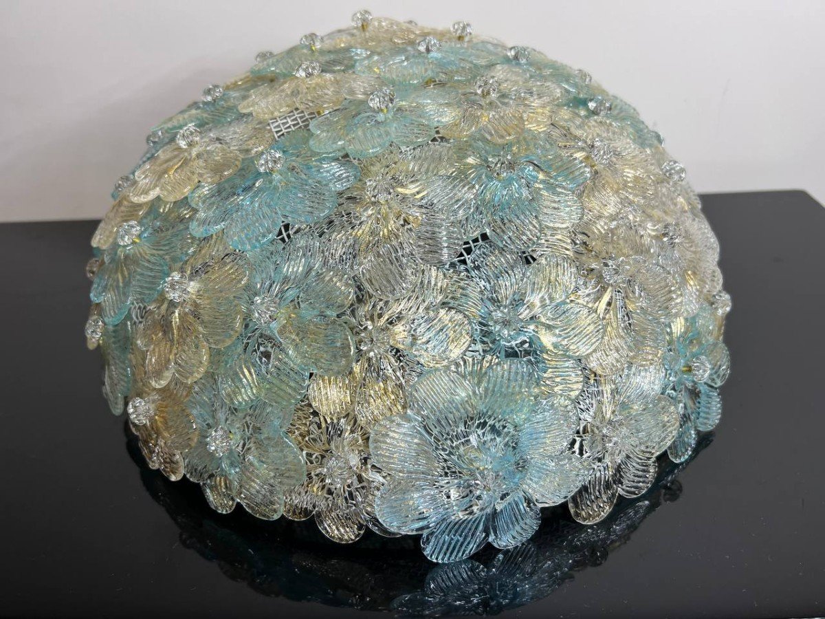 Vintage Murano Glass Ceiling Light Fixture Blue Transparent Gold